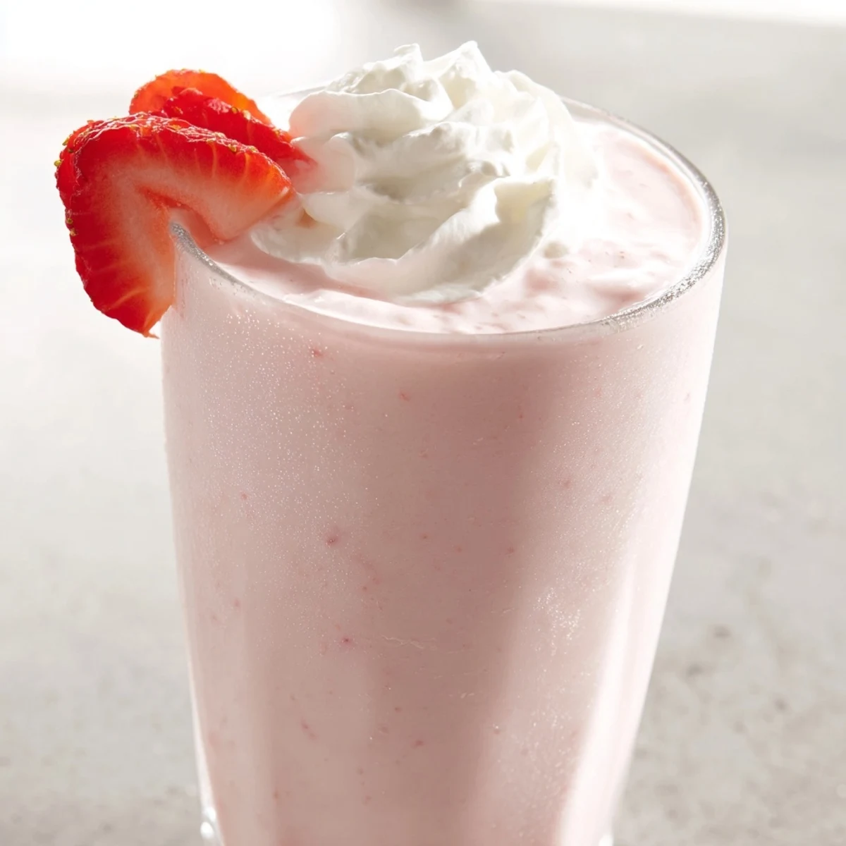 Creamy strawberry milkshake topped with whipped cream and fresh strawberry slices