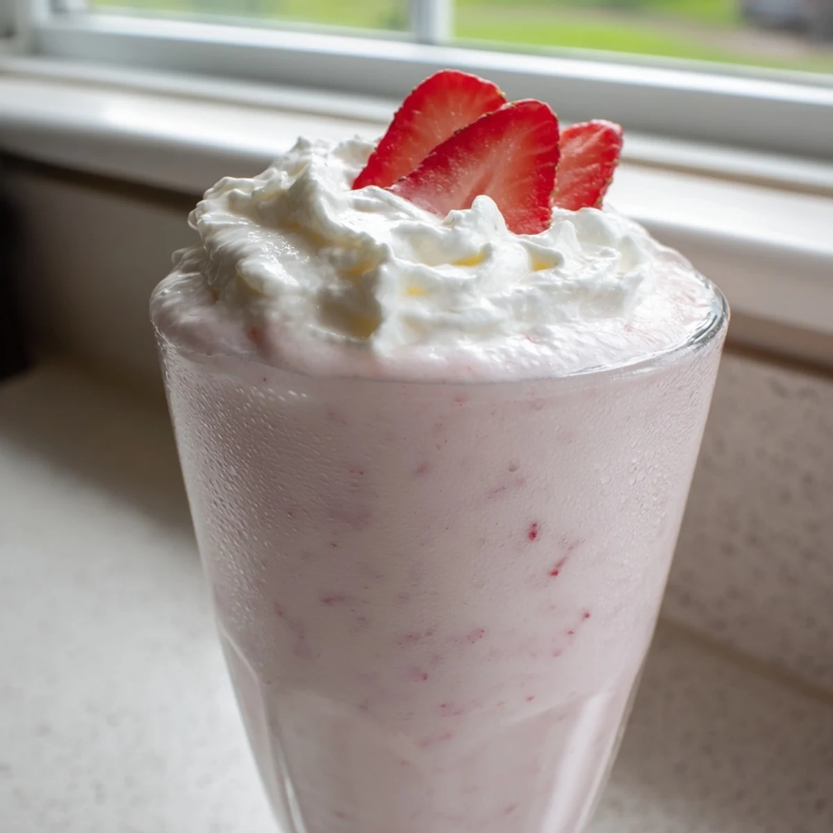 Pink strawberry milkshake garnished with whipped cream and ripe strawberry halves for serving