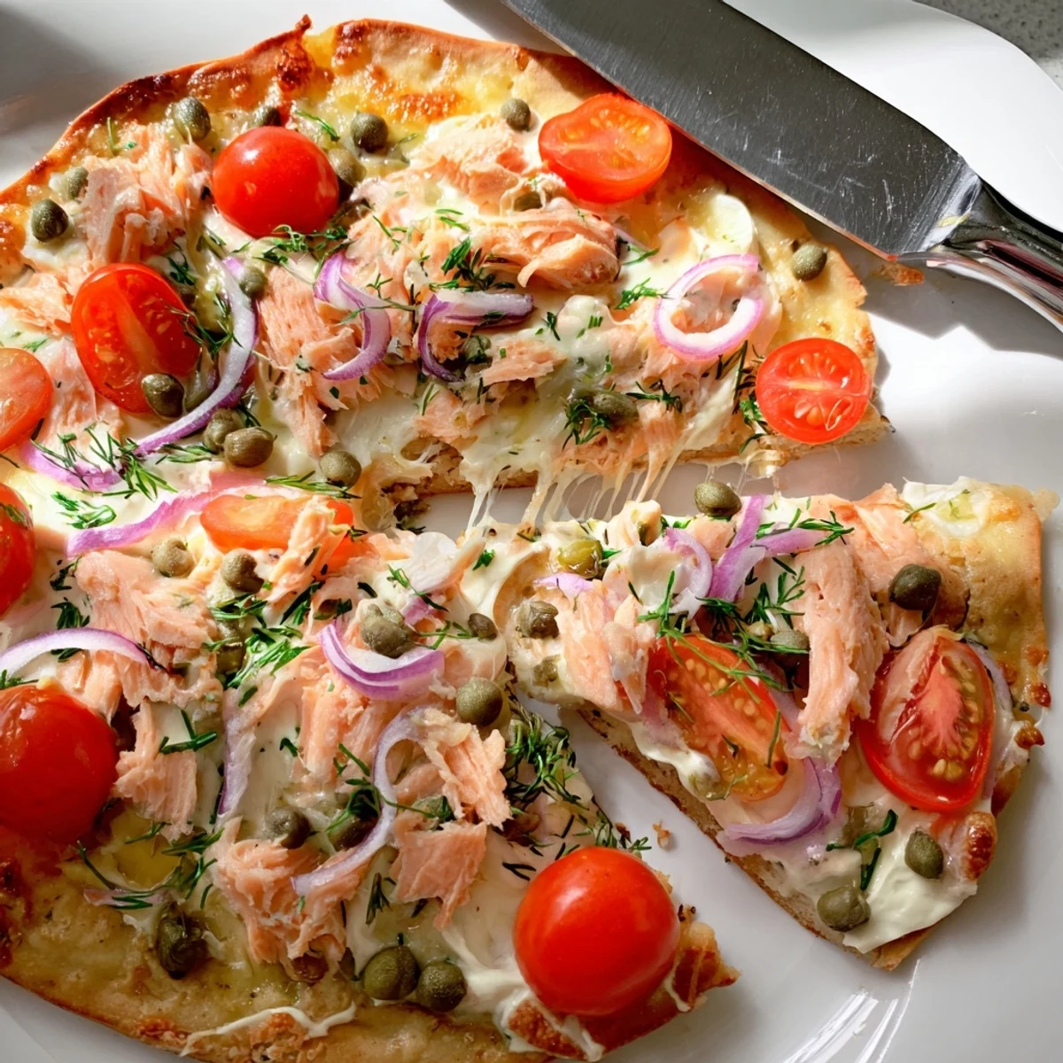 Leftover salmon tortilla pizza topped with ripe tomatoes, capers, and red onion