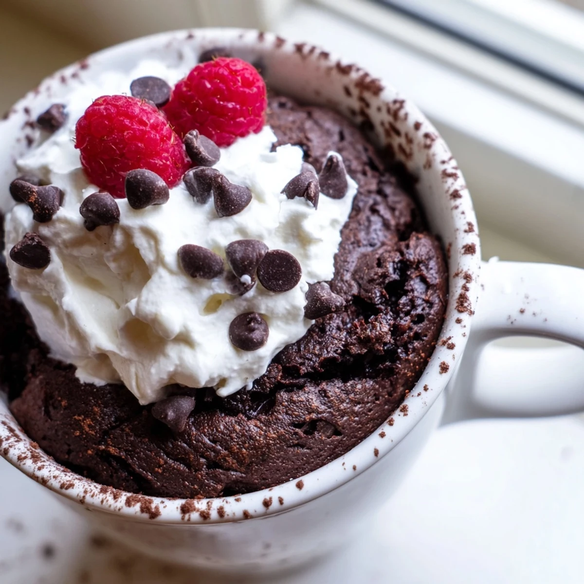Warm gluten free chocolate mug cake topped with fluffy whipped cream and berries