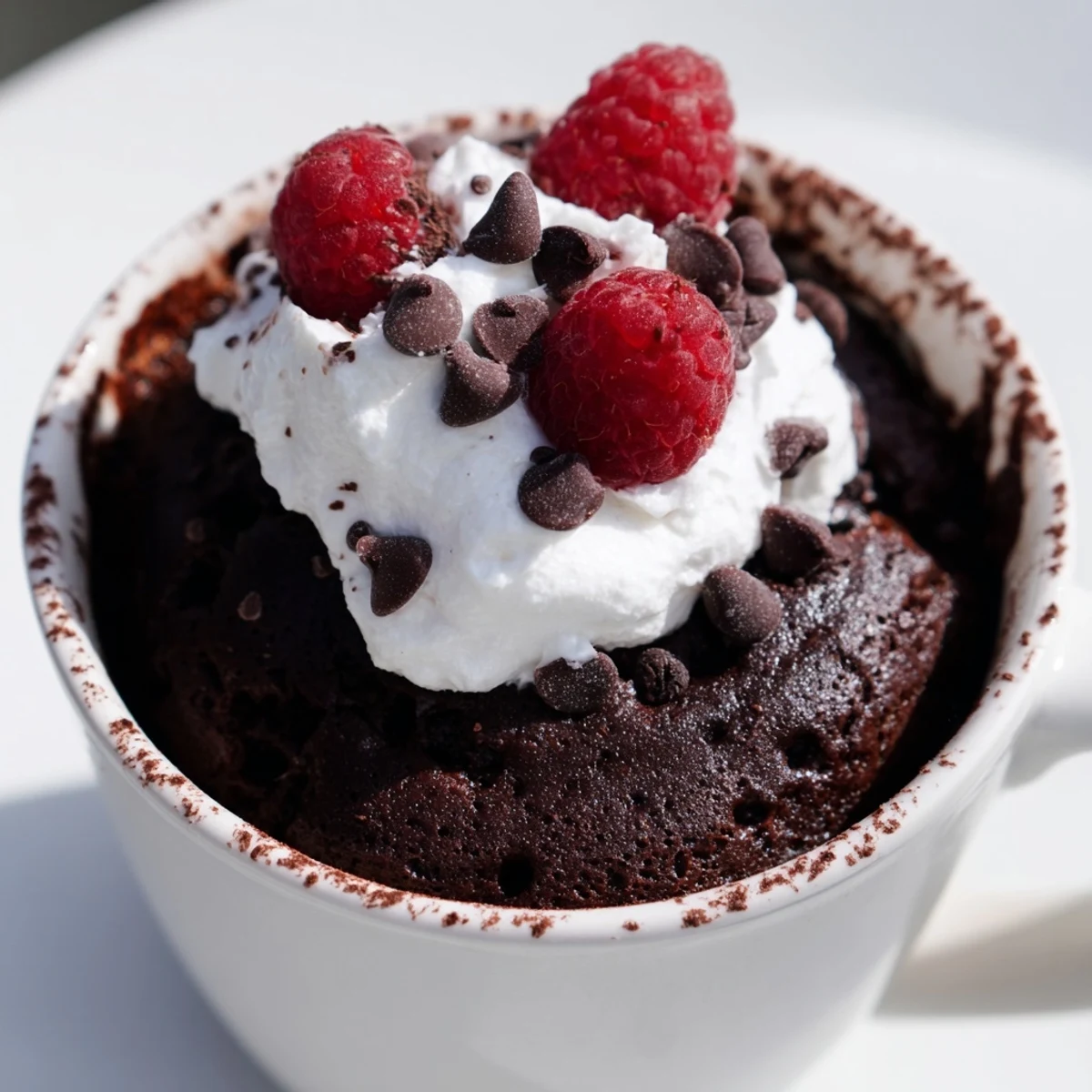 Rich gluten free chocolate mug cake dusted with cocoa powder on a cozy plate