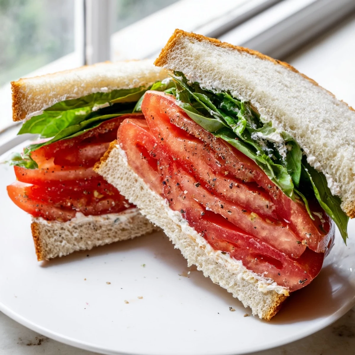 Crisp golden bread holding thick tomato slices in a vegetarian sandwich