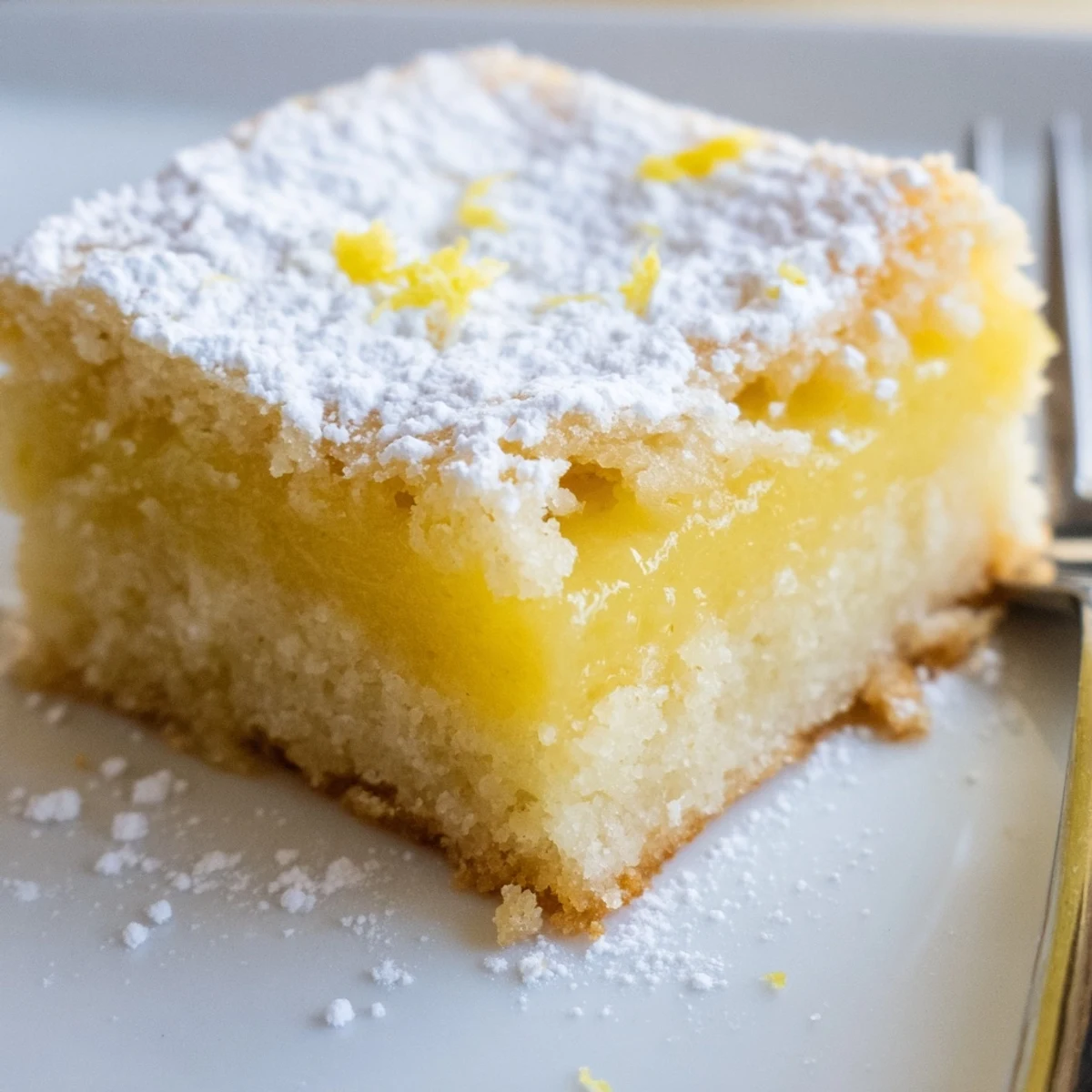 Bright and fresh simple lemon bars with powdered sugar on a rustic cutting board