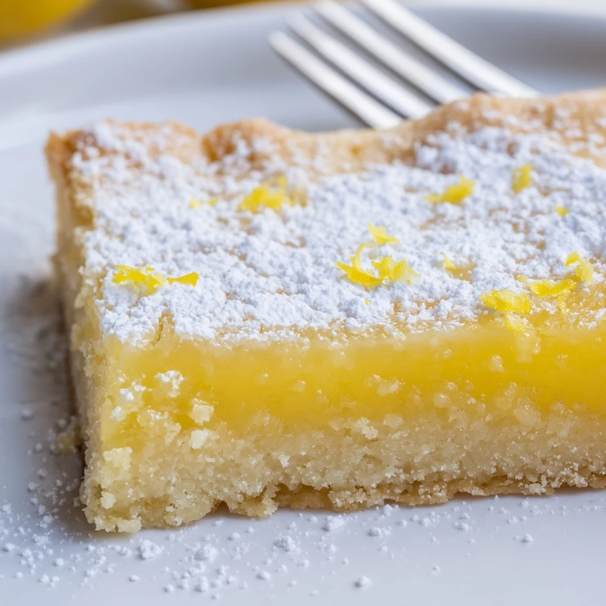 Golden buttery simple lemon bars sliced into squares and dusted with sweet powdered sugar