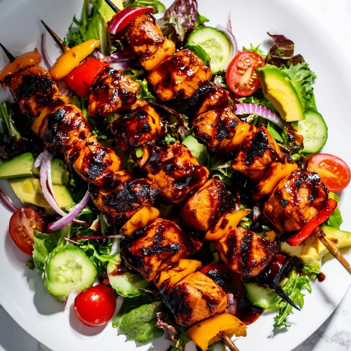 Smoky BBQ chicken skewer salad with colorful bell peppers and creamy avocado slices