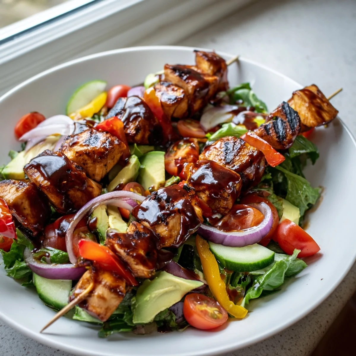 Charred BBQ chicken skewer salad drizzled with tangy honey mustard dressing on fresh greens