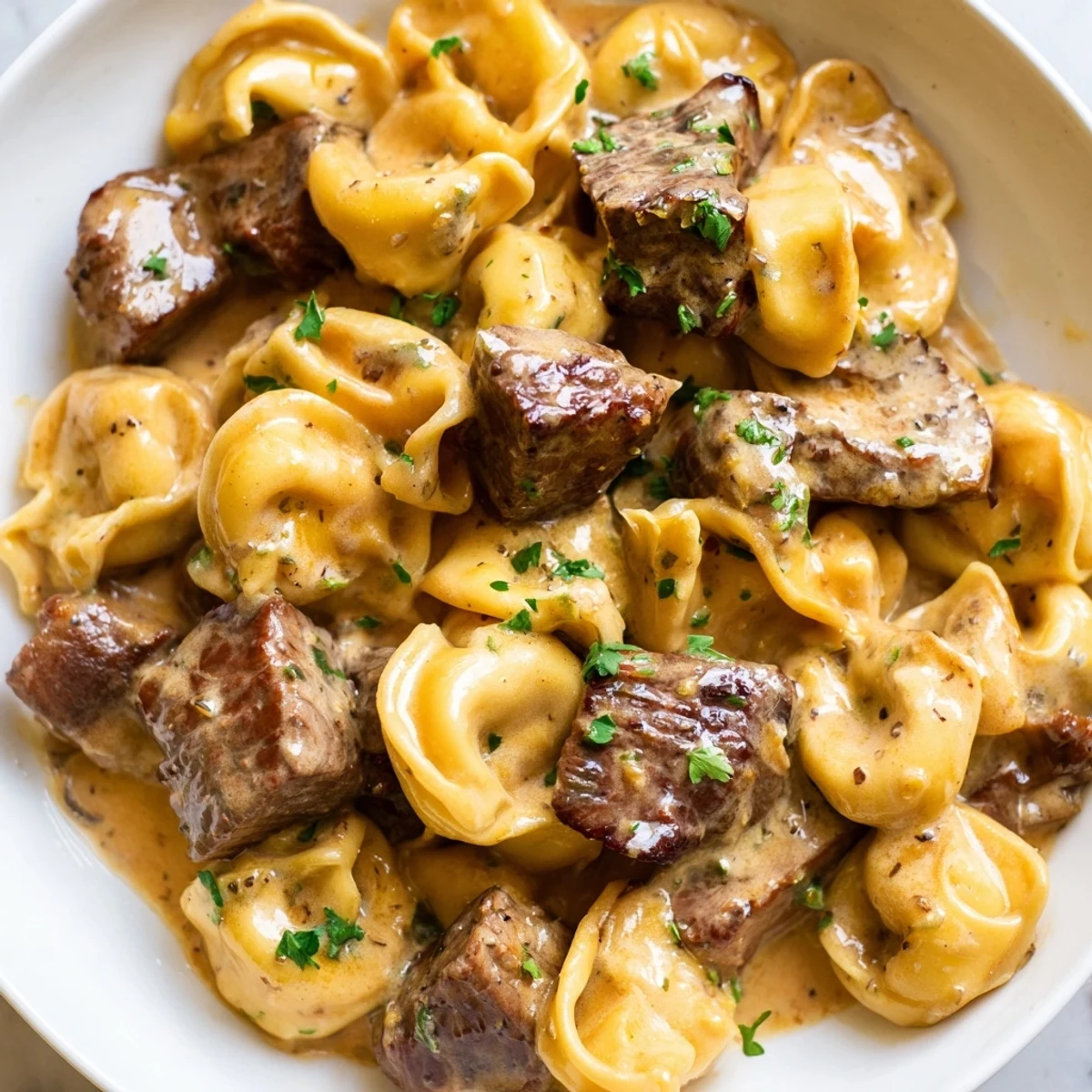 Golden seared steak bites nestled alongside cheesy garlic steak tortellini in a rich cream sauce