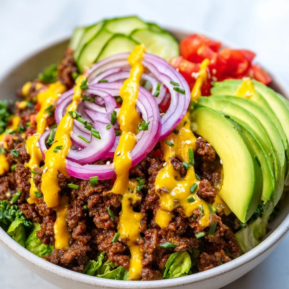 Crisp lettuce topped with juicy ground beef and tangy burger sauce