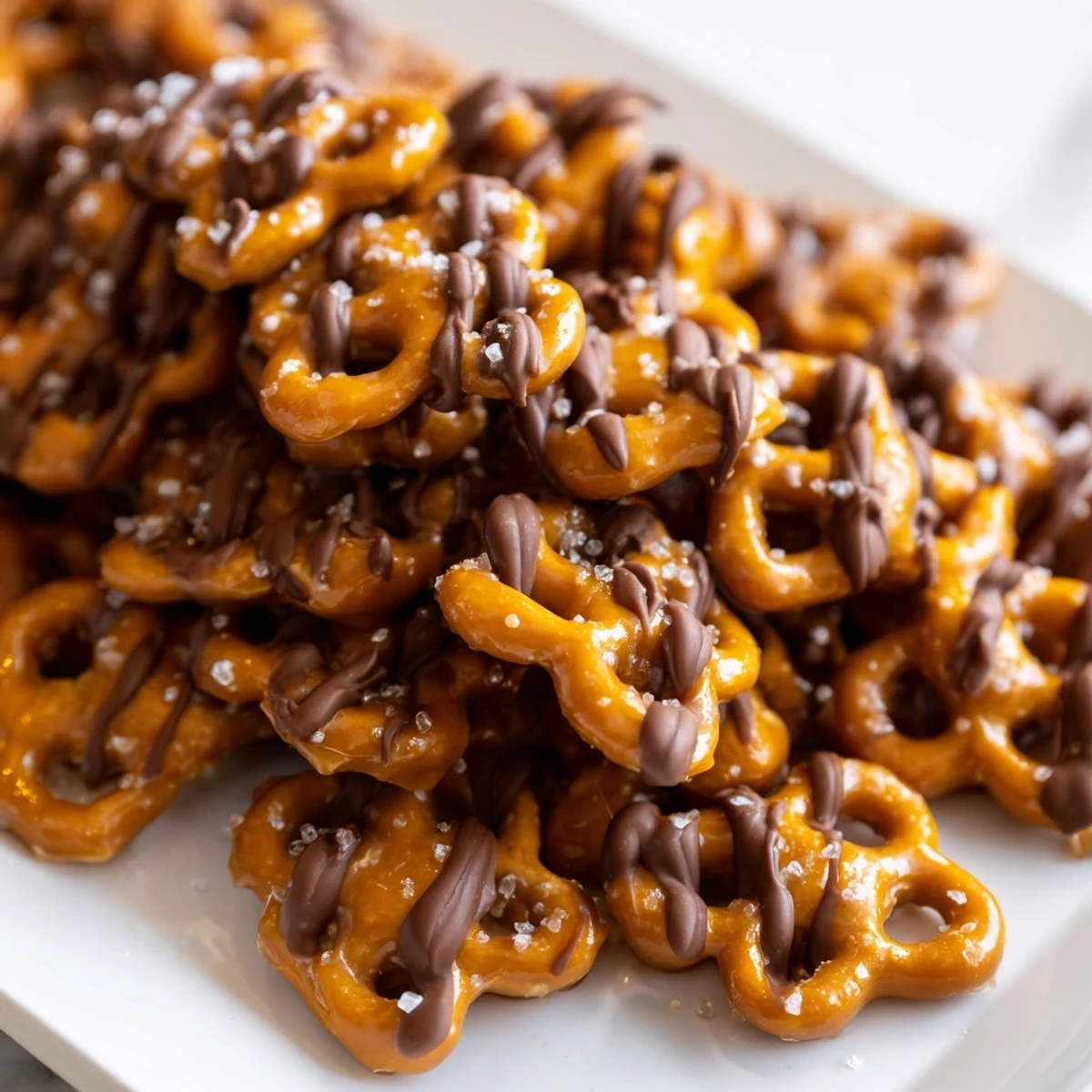 Golden butter toffee pretzels glistening with a rich chocolate drizzle on parchment paper