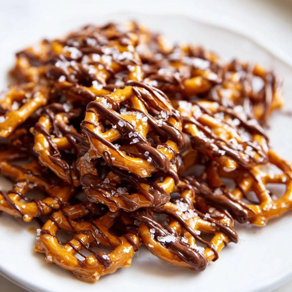 Butter toffee pretzels piled in a bowl with flaky sea salt and chocolate strands