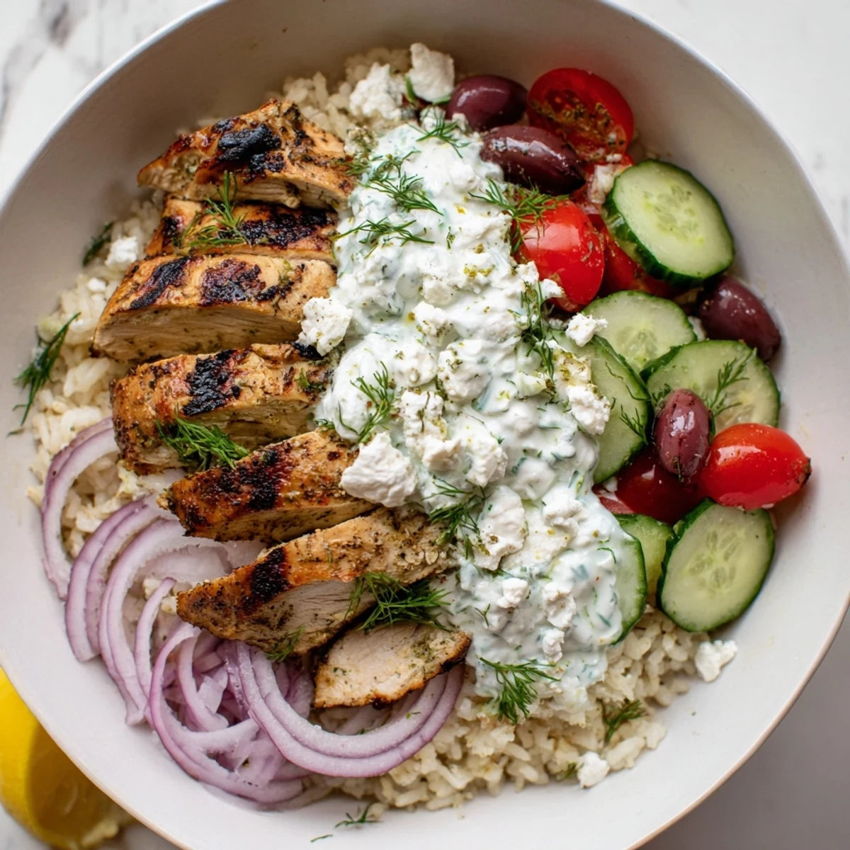 Golden herbed grilled chicken nestled over fluffy rice with crisp cucumbers and cool tzatziki in Greek chicken bowls