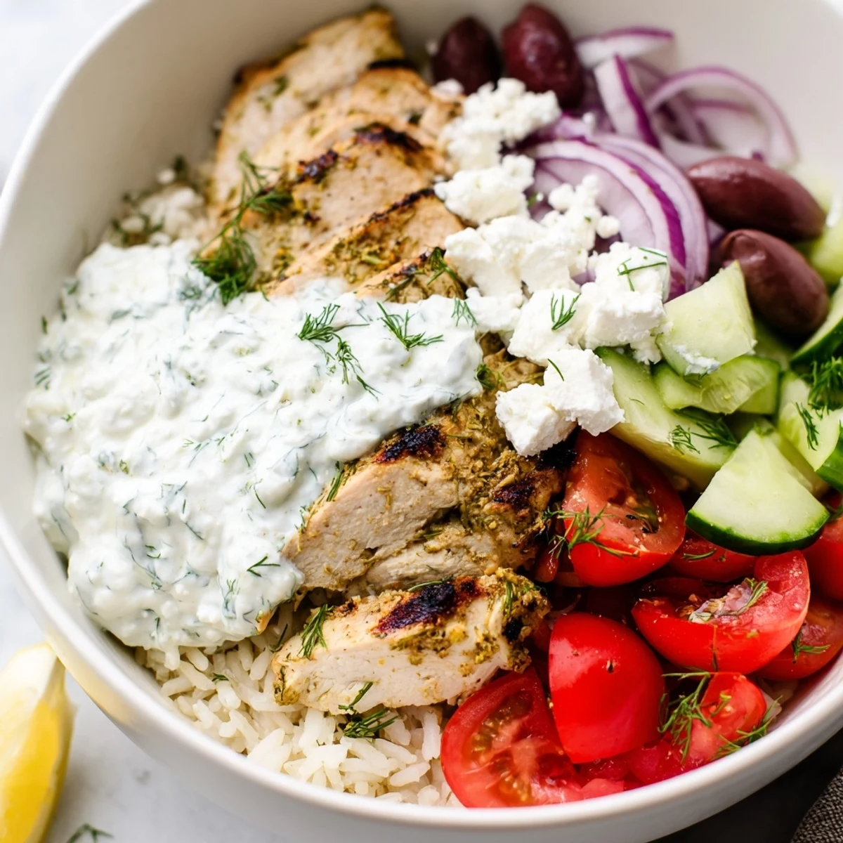 Tender sliced grilled chicken surrounded by bright cherry tomatoes, feta crumbles, and creamy tzatziki in Mediterranean Greek chicken bowls