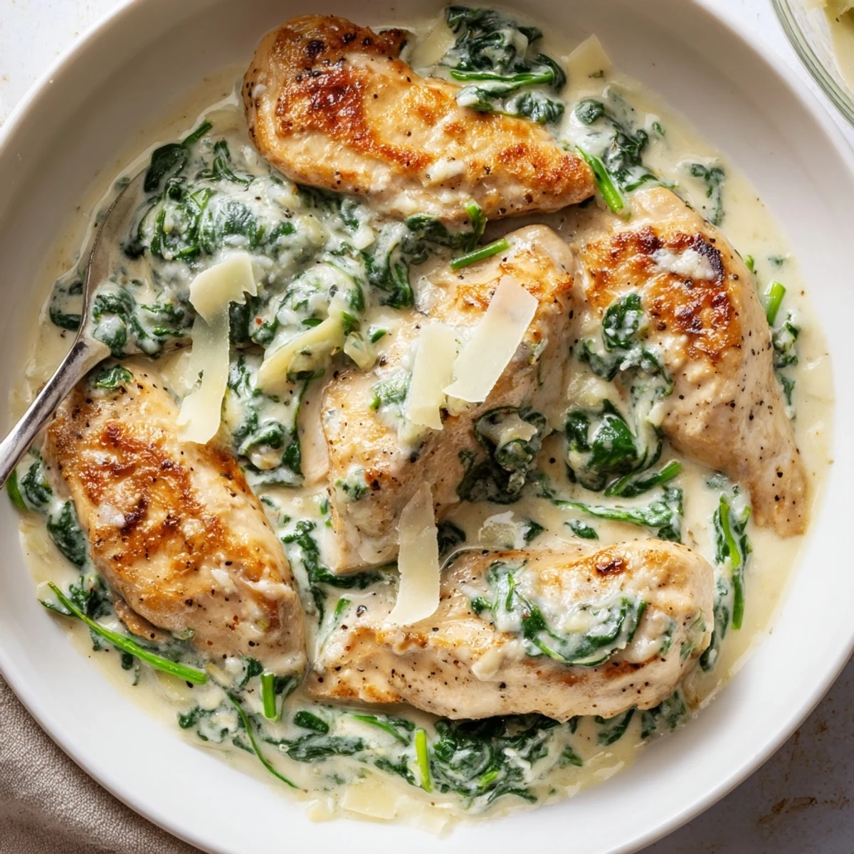 Golden Lemon Parmesan Spinach Chicken nestled in creamy garlic spinach sauce