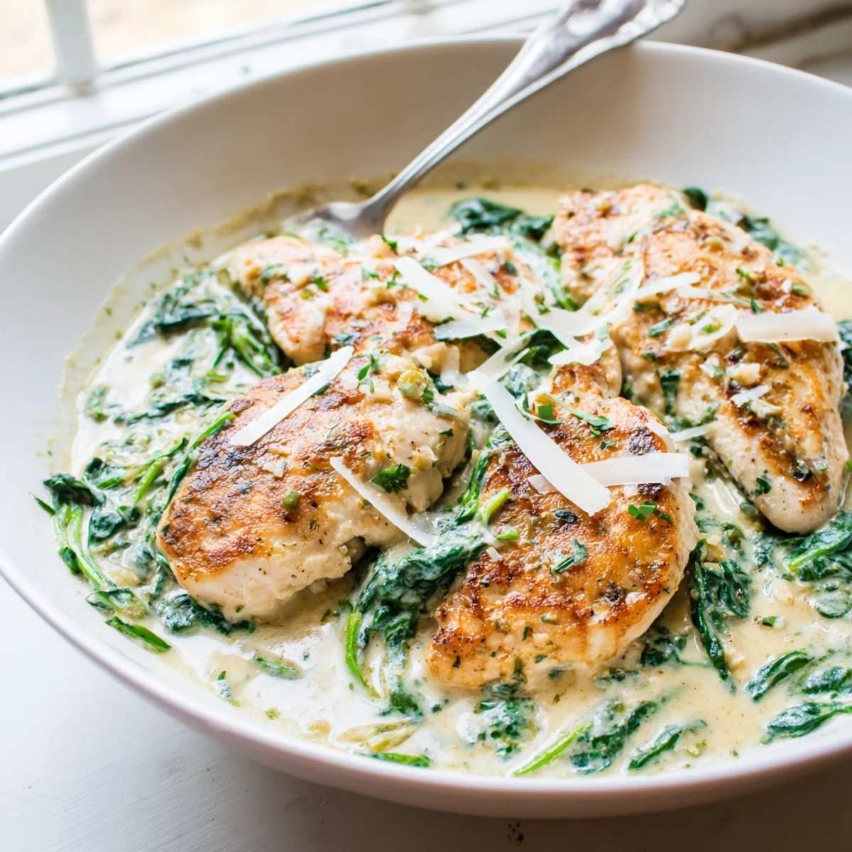 Crispy Parmesan-crusted Lemon Parmesan Spinach Chicken drizzled with rich cream sauce