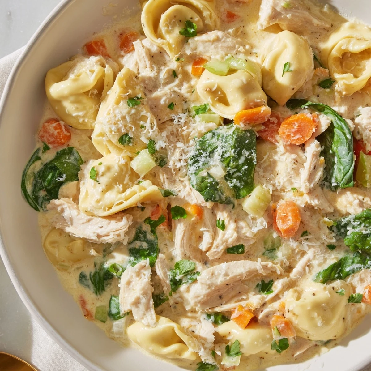 Cheese tortellini in a rich, golden sauce with spinach and shredded chicken