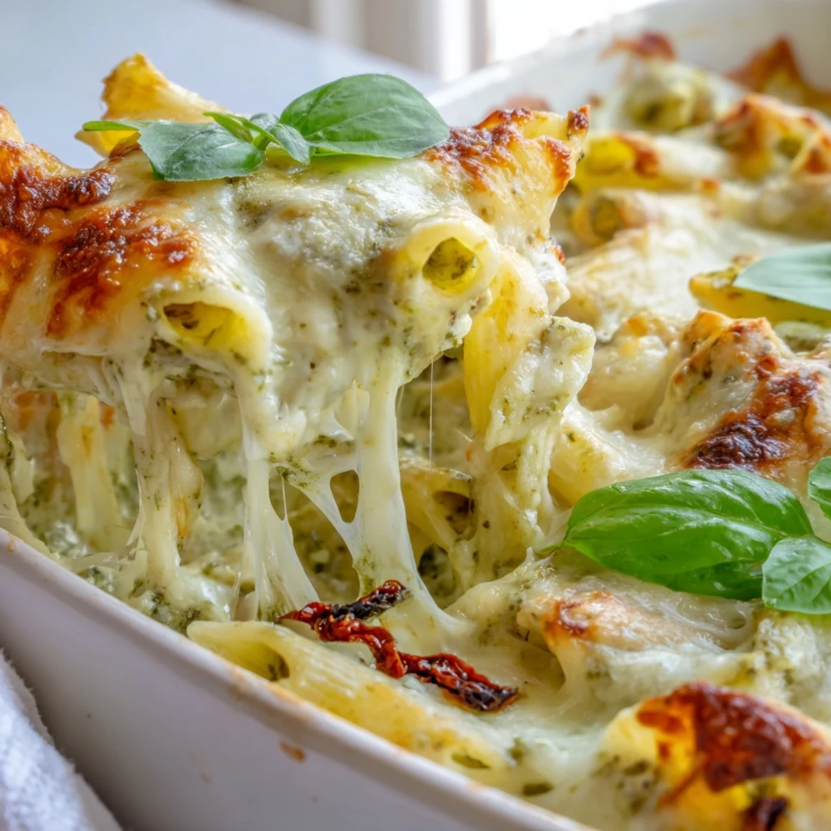 Golden bubbly pesto chicken pasta bake topped with melted mozzarella and fresh basil