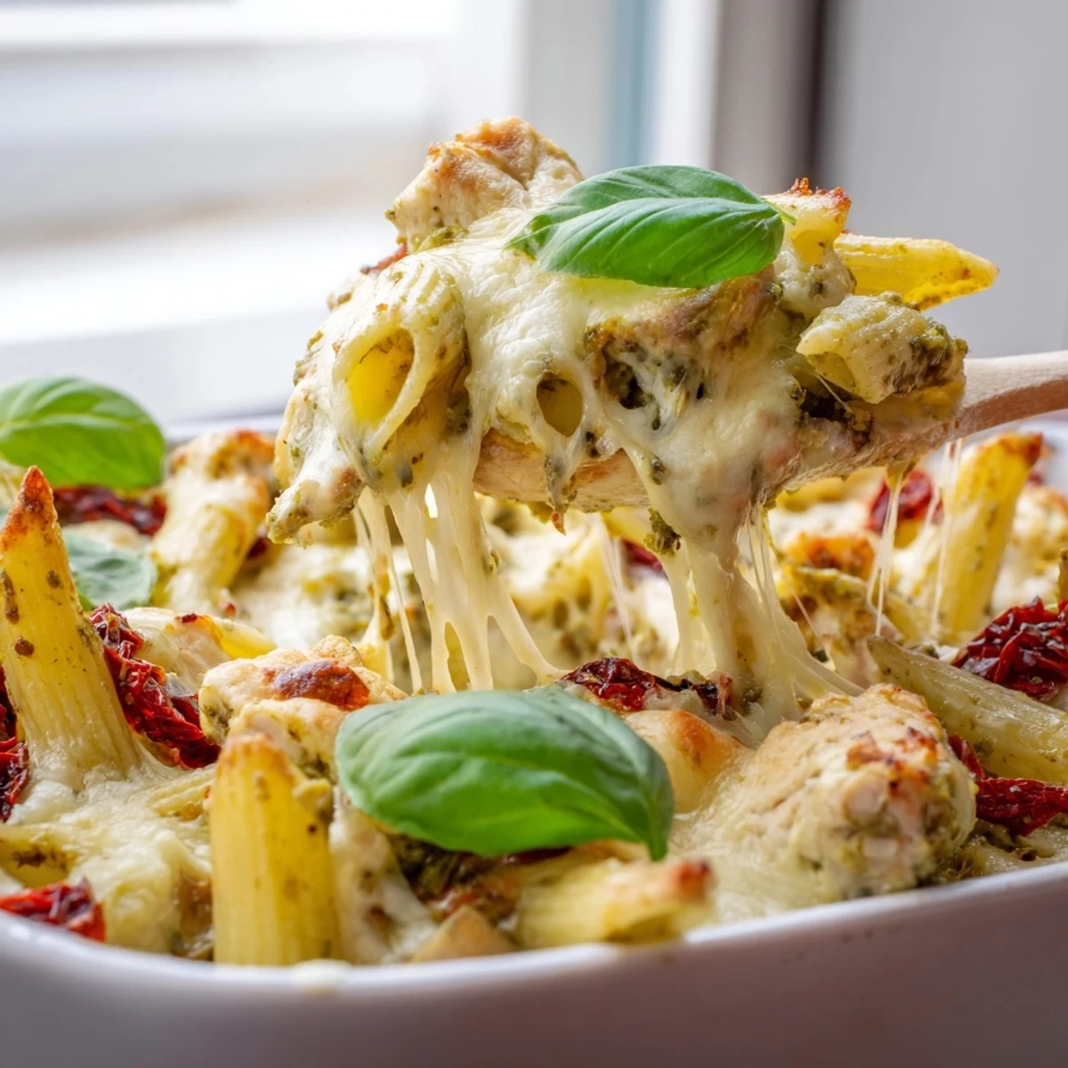 Steaming hot pesto chicken pasta bake with gooey cheese and tender penne noodles
