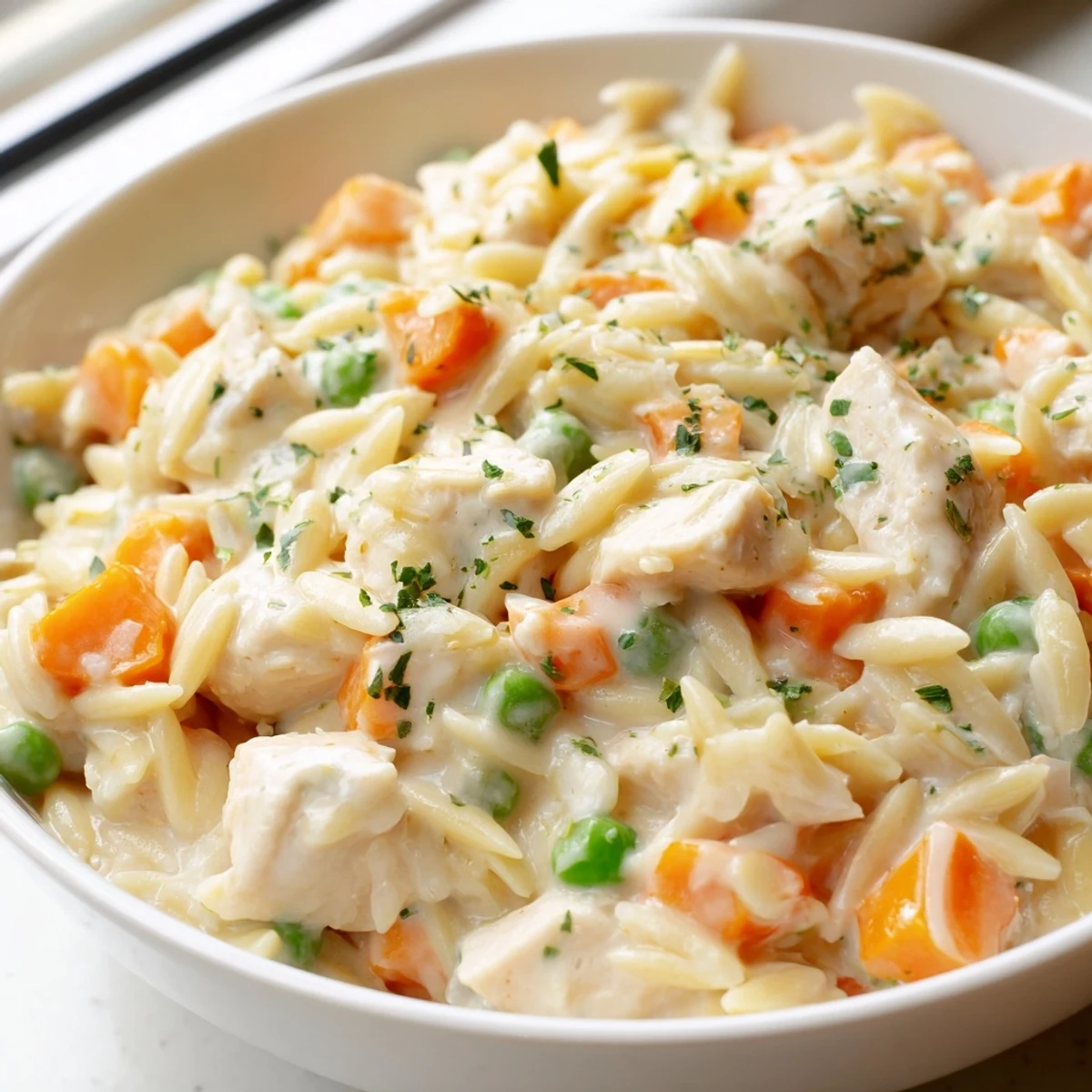 Creamy chicken pot pie orzo served steaming in a rustic bowl with fresh parsley garnish