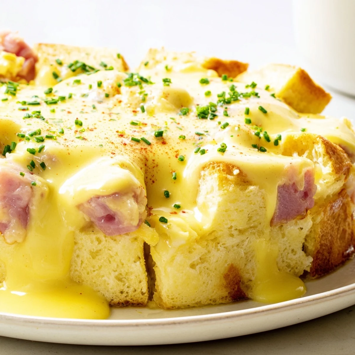 Golden Eggs Benedict Casserole topped with creamy hollandaise and fresh chives on a brunch plate