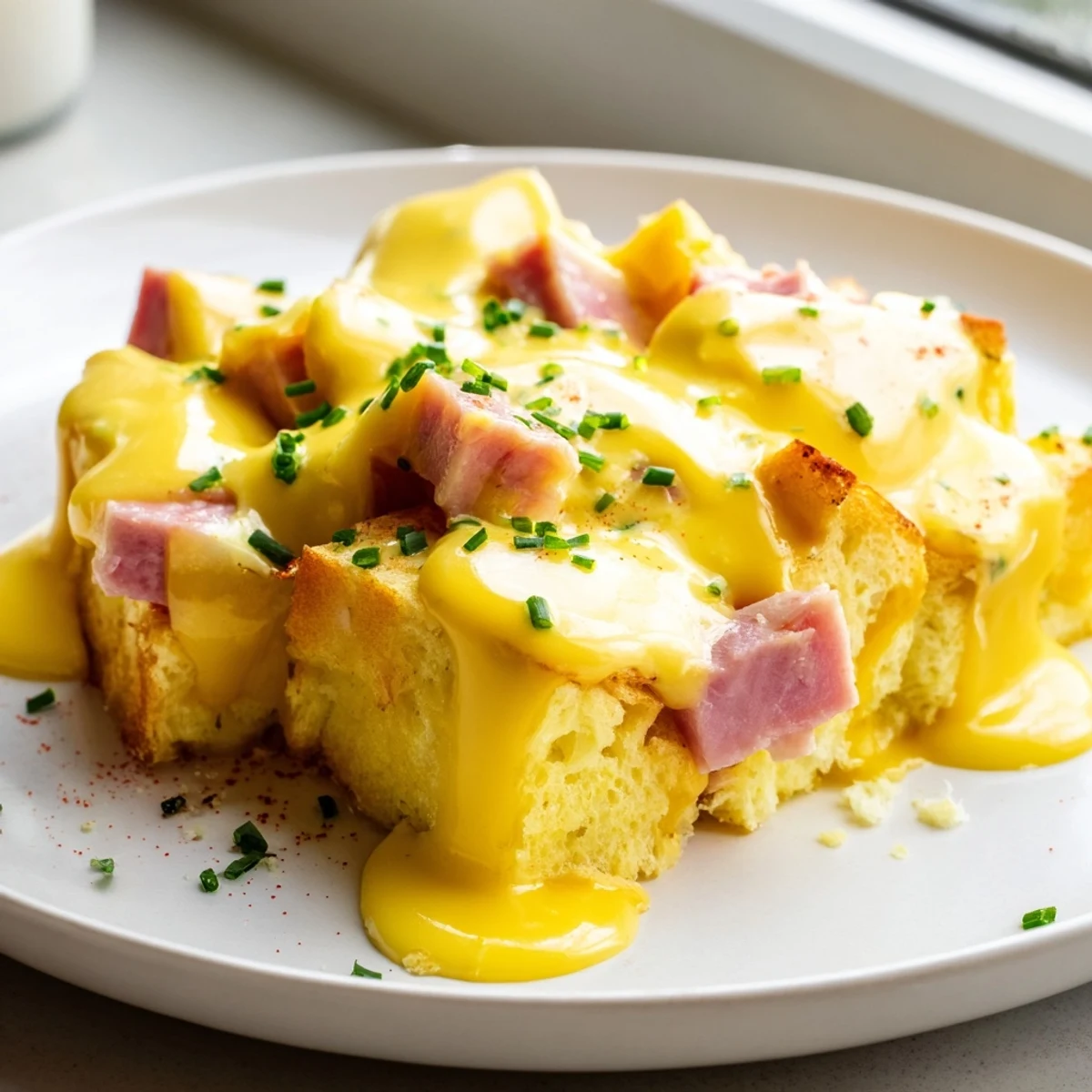 Warm Eggs Benedict Casserole with melted hollandaise pooling over toasted English muffin pieces