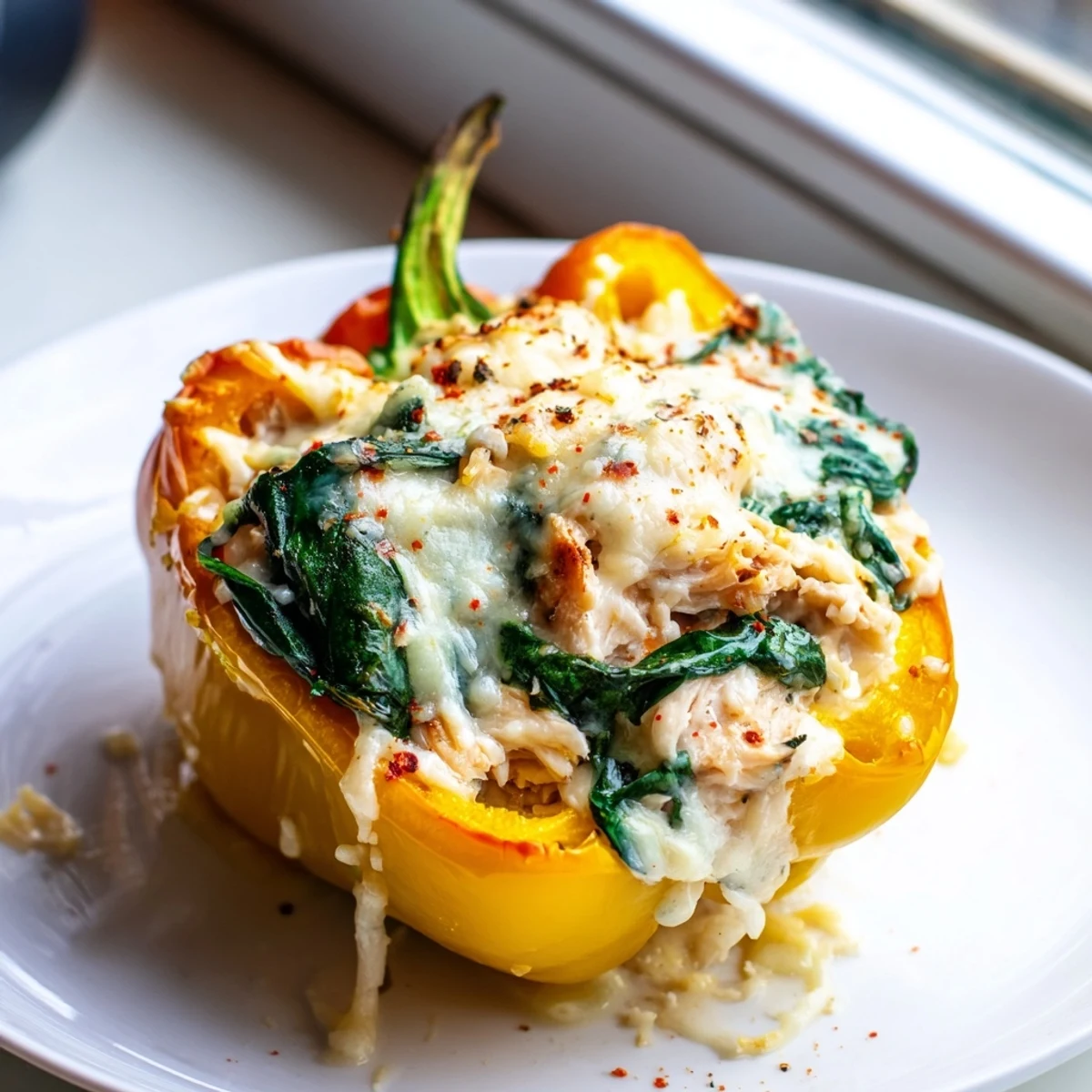 Golden cheesy chicken Florentine stuffed peppers fresh from the oven, bubbling with melted mozzarella