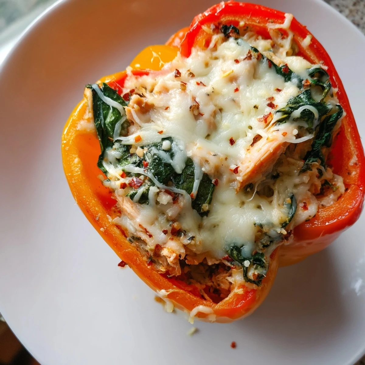 Colorful bell peppers packed with creamy chicken Florentine filling, garnished with fresh basil leaves