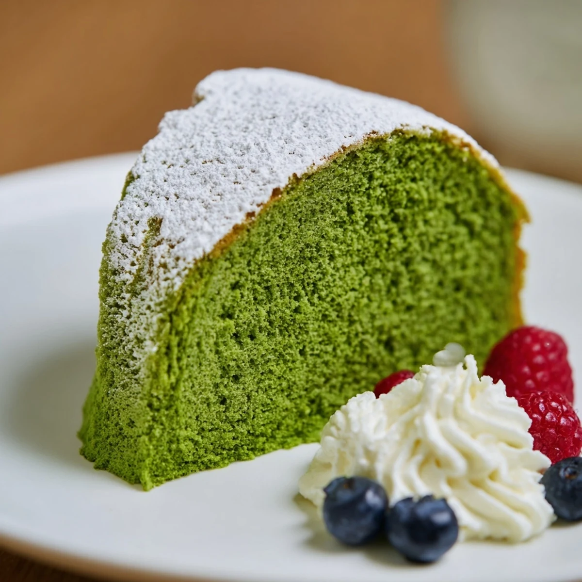 A slice of moist matcha cake served on a white plate with fresh berries
