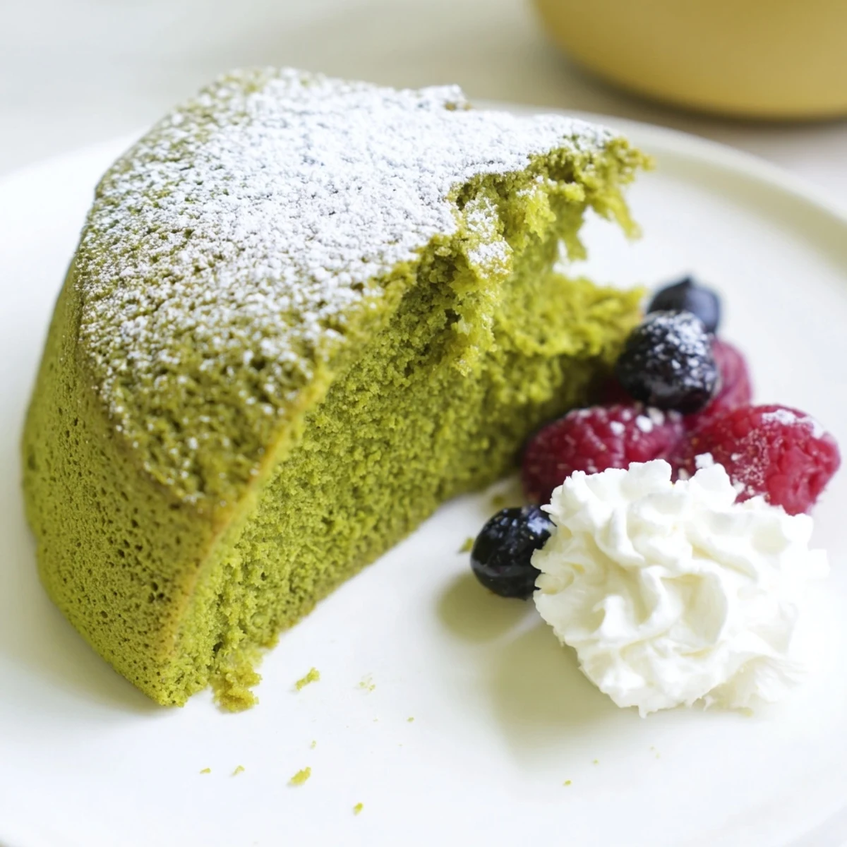 A freshly baked matcha cake dusted with powdered sugar on a wire cooling rack