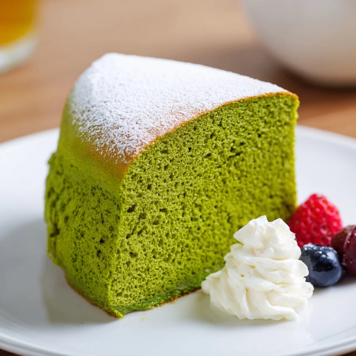 A fluffy green matcha cake topped with a generous swirl of vanilla whipped cream