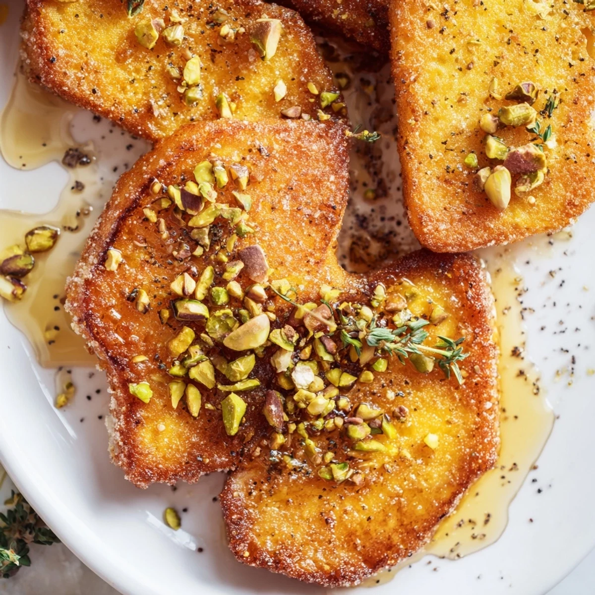 Savory honey halloumi sprinkled with pistachios and thyme on a serving plate