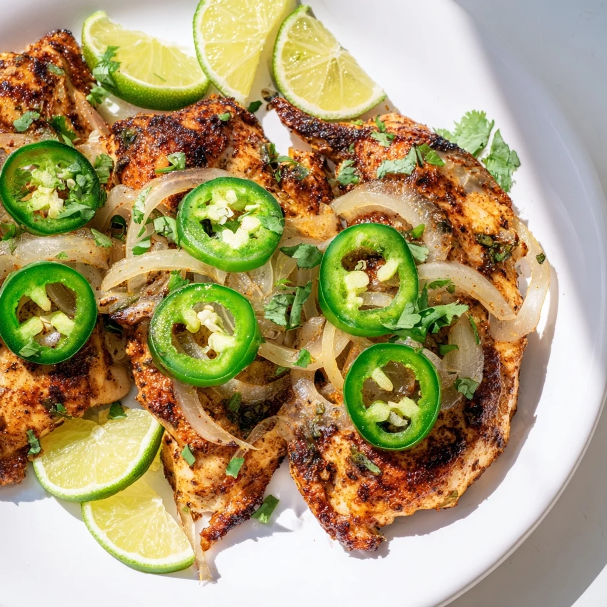 Golden chicken breasts topped with vibrant jalapeños and caramelized onions in a skillet  