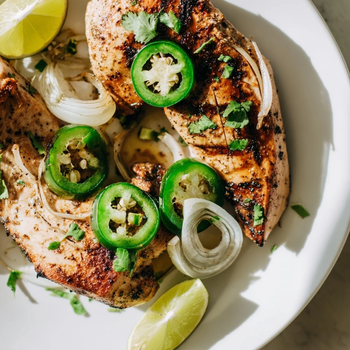 Spicy Jalapeno Chicken Recipe garnished with fresh cilantro and lime wedges on a plate  