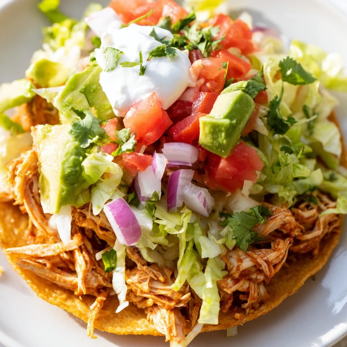 Crispy Chicken Tostadas topped with fresh lettuce, cheese, and creamy guacamole.  