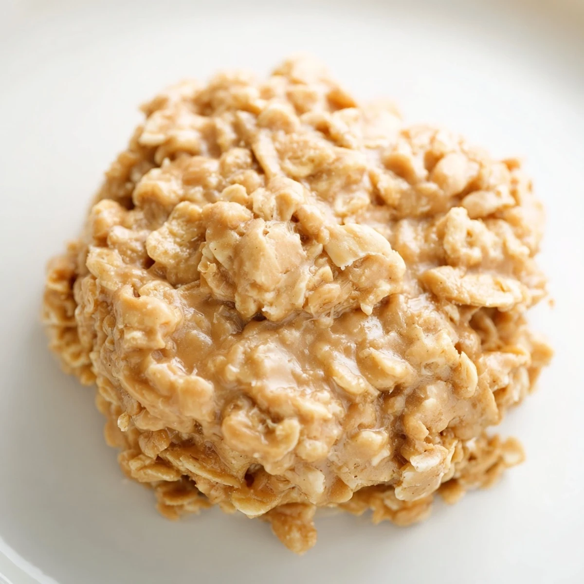 Golden peanut butter no bake cookies stacked on a white serving plate.  