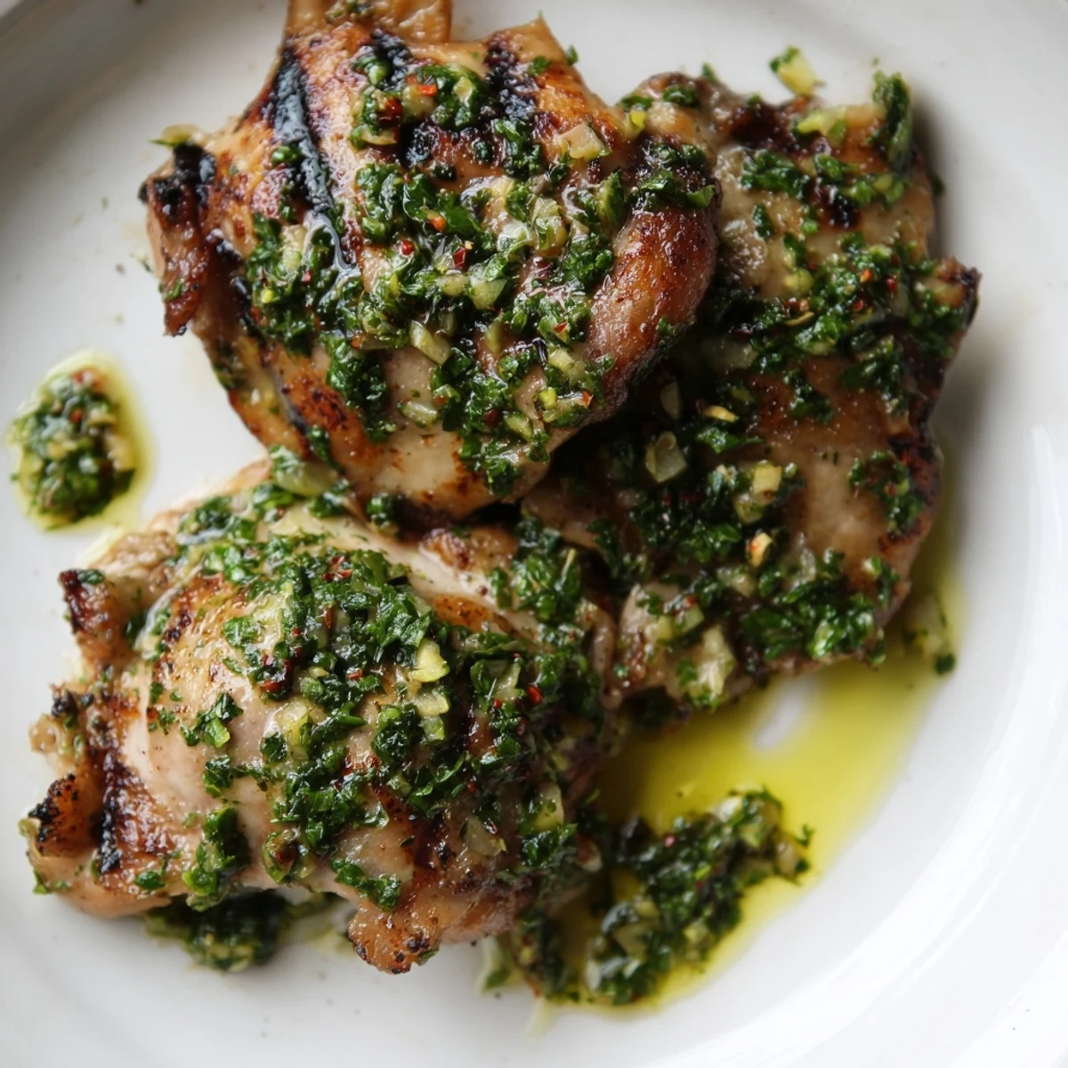 Juicy grilled chimichurri chicken thighs glazed with vibrant green herb sauce  