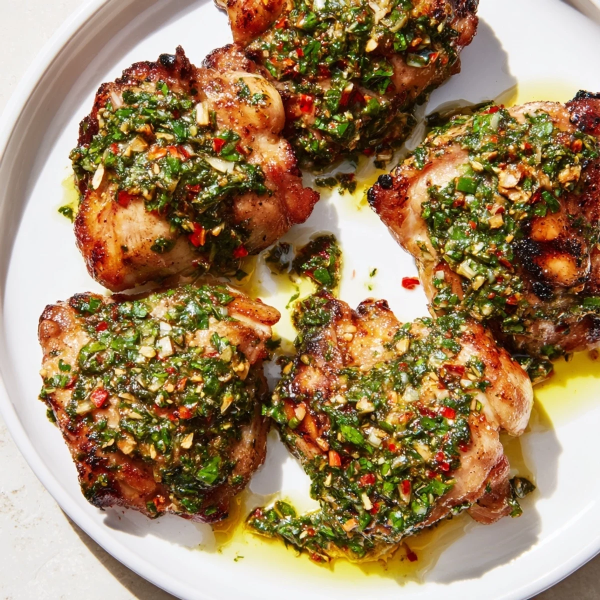 Golden crispy chimichurri chicken thighs served with zesty Argentine chimichurri drizzle  