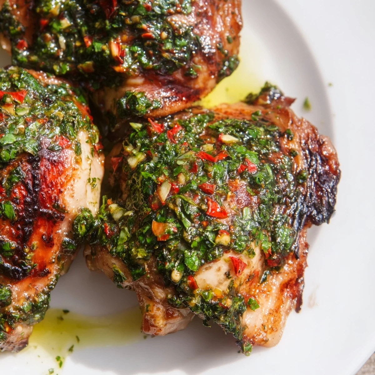 Savory chimichurri chicken thighs resting on a plate with fresh parsley garnish