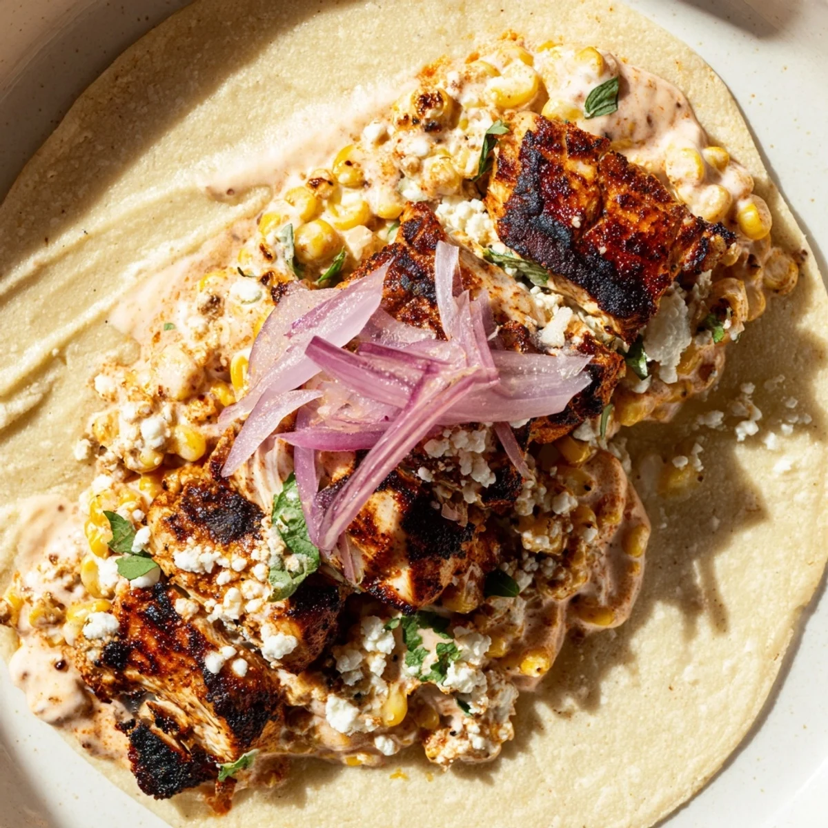 Street corn chicken tacos topped with creamy corn and crumbled cotija cheese
