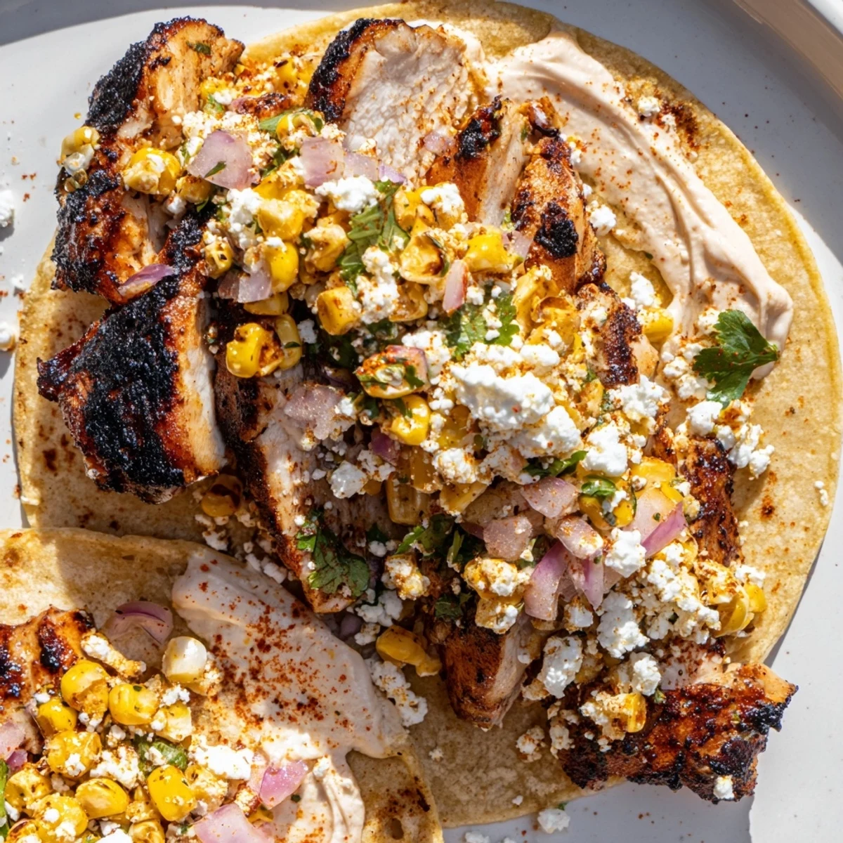 Grilled street corn chicken tacos in warm tortillas with zesty toppings