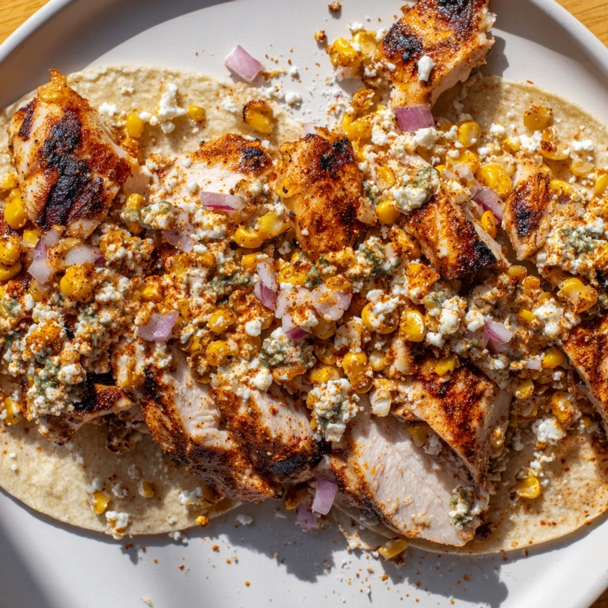 Vibrant street corn chicken tacos served with lime wedges and fresh cilantro
