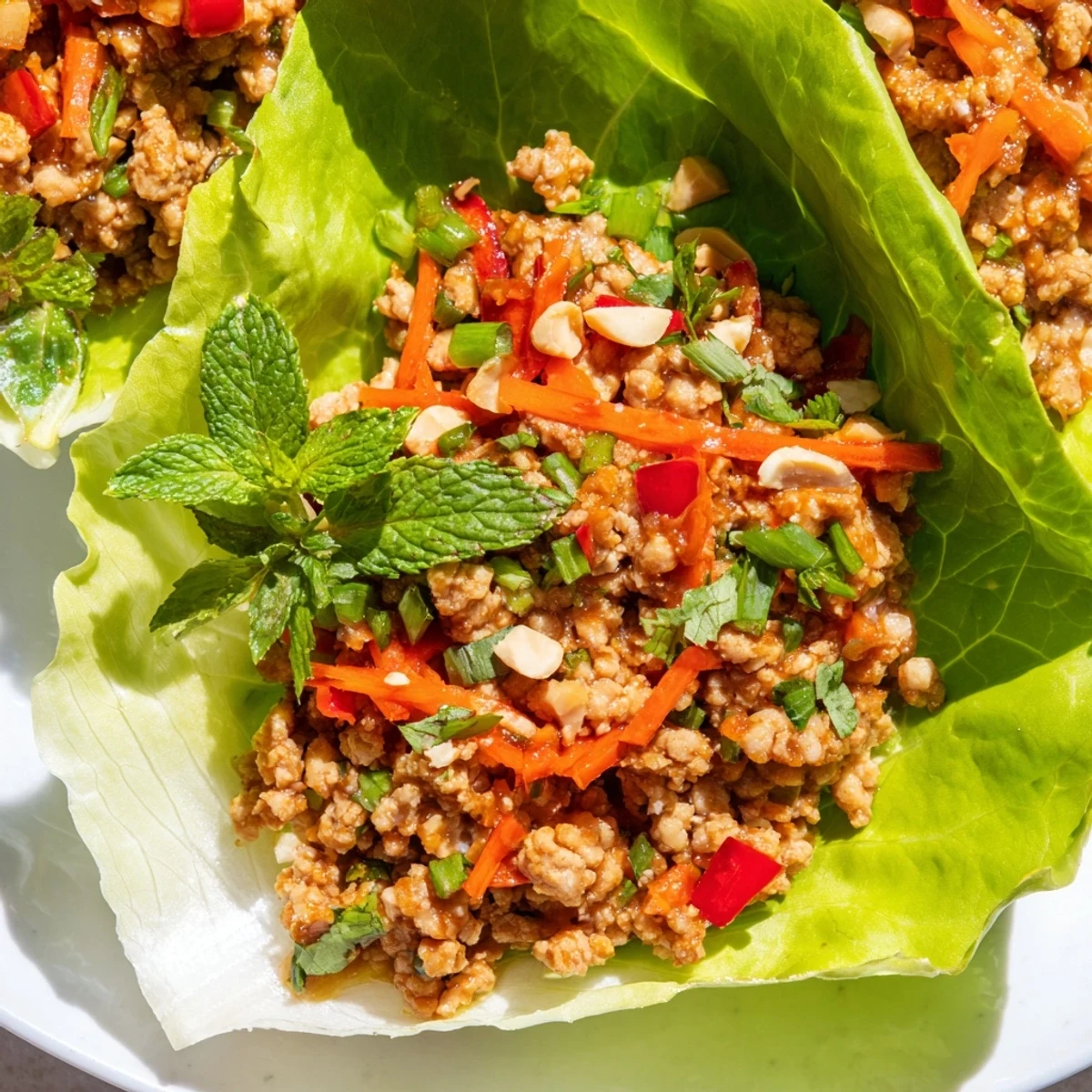 Fresh Thai chicken lettuce wraps garnished with herbs and crunchy peanuts.  