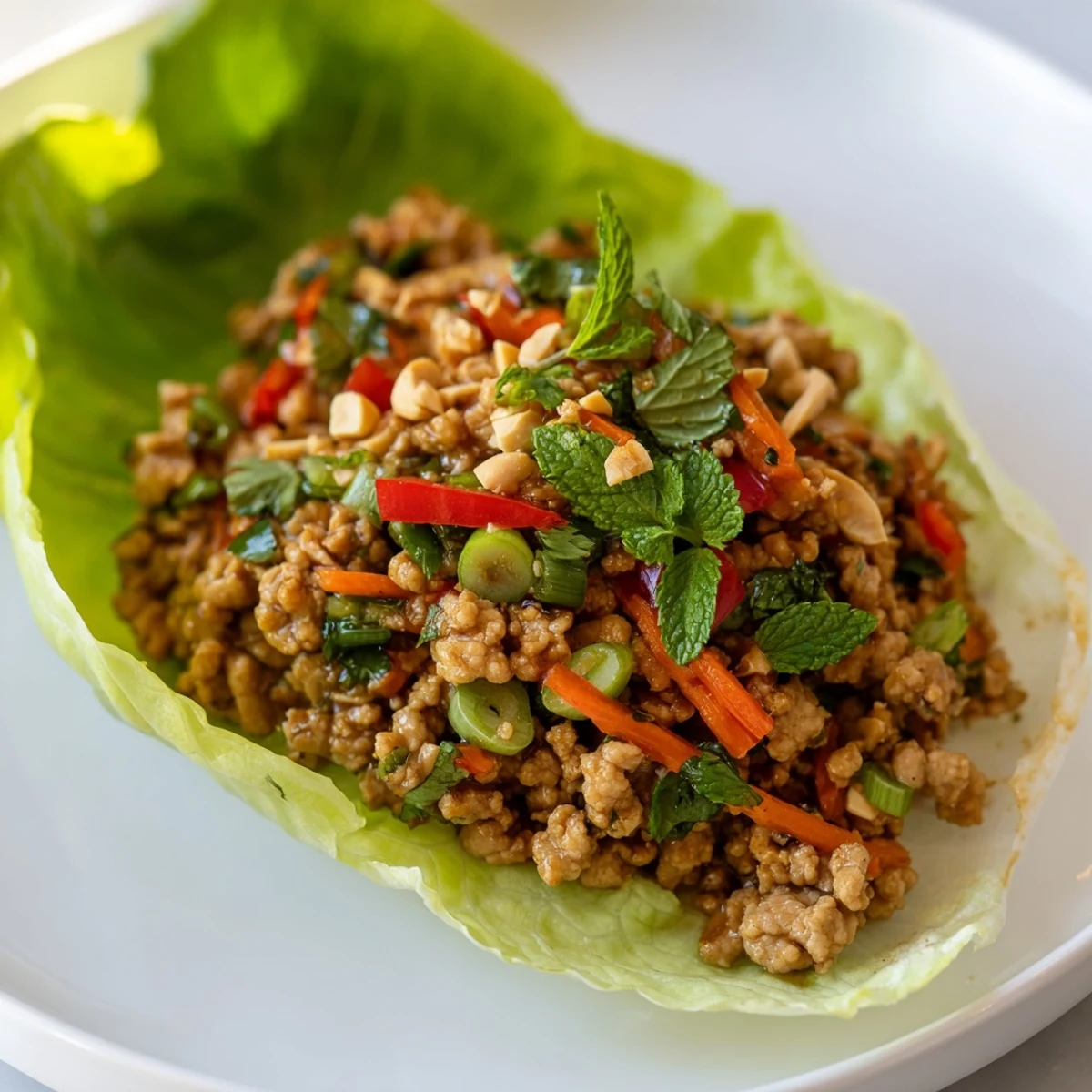 Colorful Thai chicken lettuce wraps topped with mint, cilantro, and chopped peanuts.