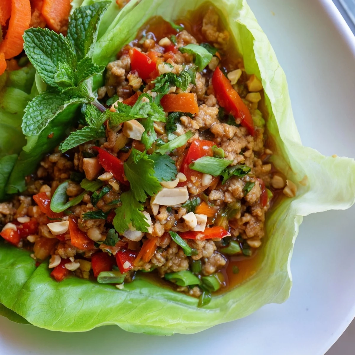 Savory minced chicken filling served inside crisp butter lettuce cups with lime.  