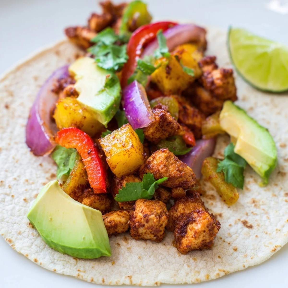 Vibrant one pan chicken and pineapple tacos topped with cilantro and lime.