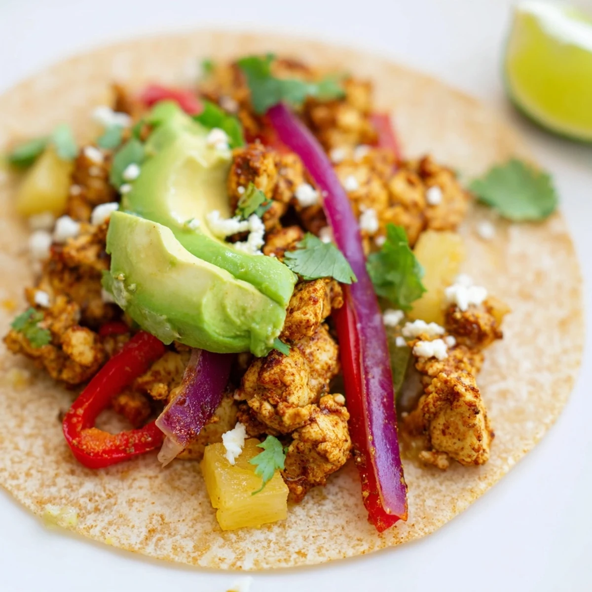 Spiced chicken and sweet pineapple mixture piled high inside soft corn tortillas.