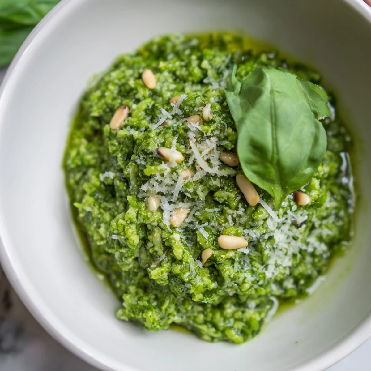 Vibrant garlic scape pesto ready to toss with fresh pasta or spread on bread.  