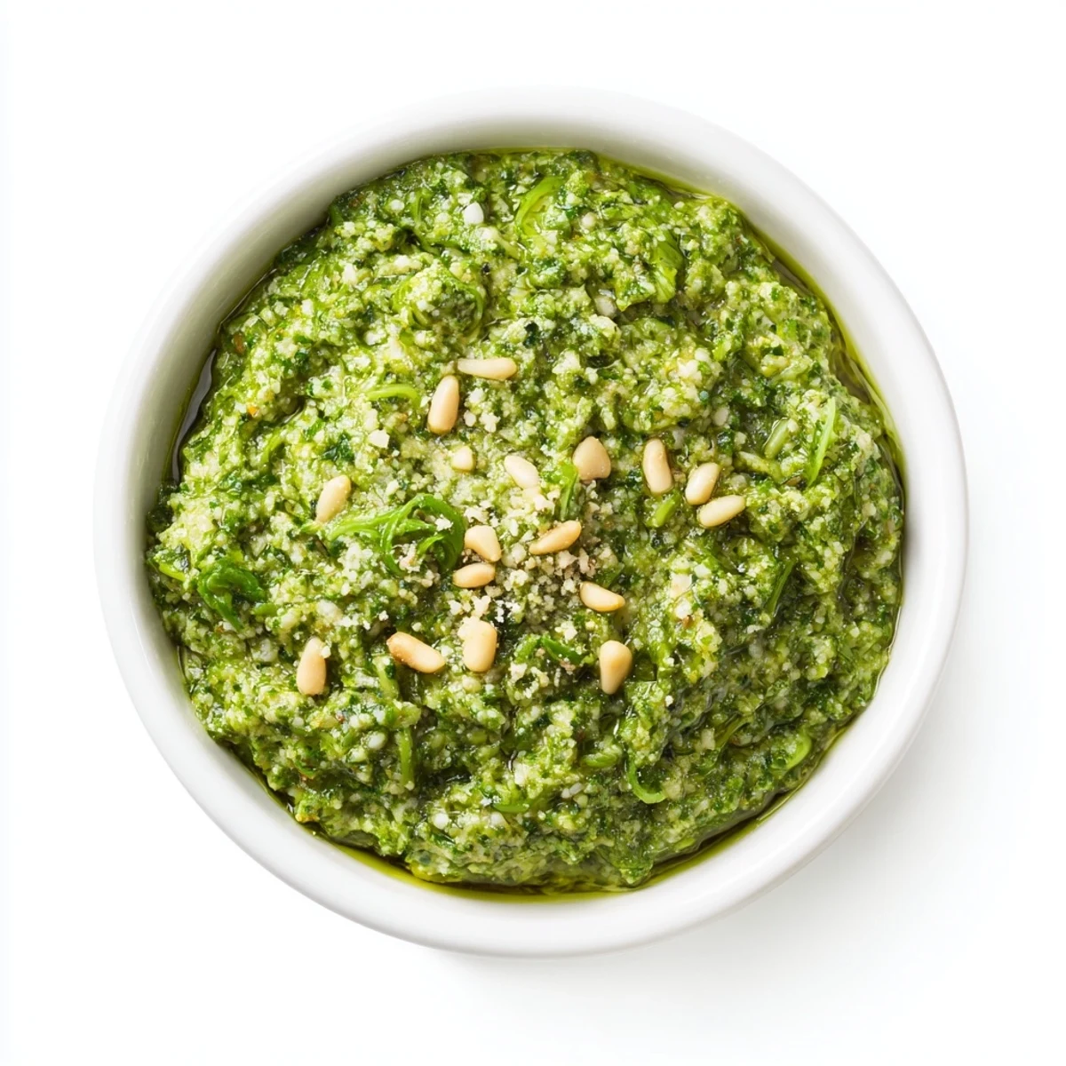 Creamy garlic scape pesto drizzled over roasted vegetables for a flavorful, aromatic dish.  