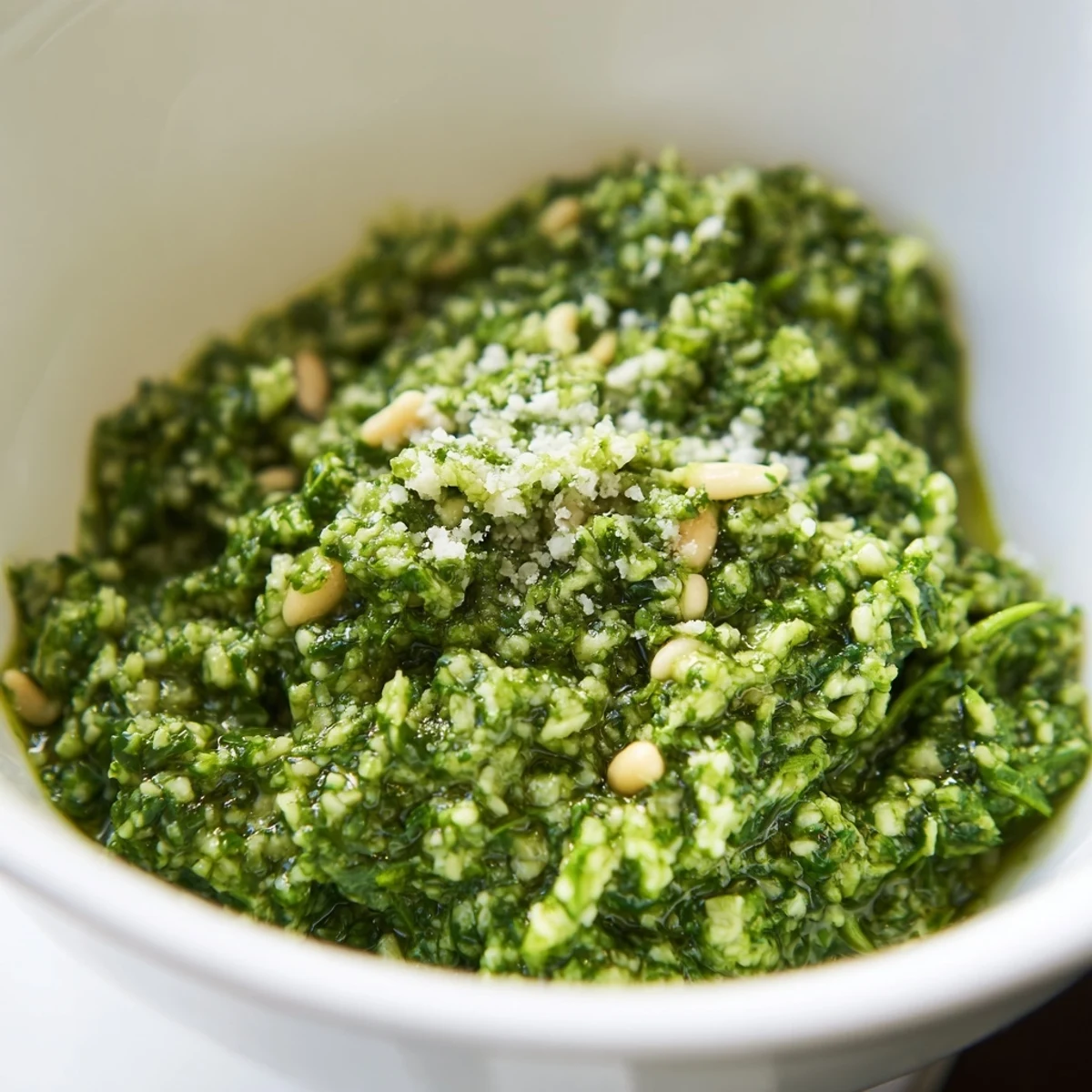 Homemade garlic scape pesto with fresh basil and pine nuts in a rustic bowl.