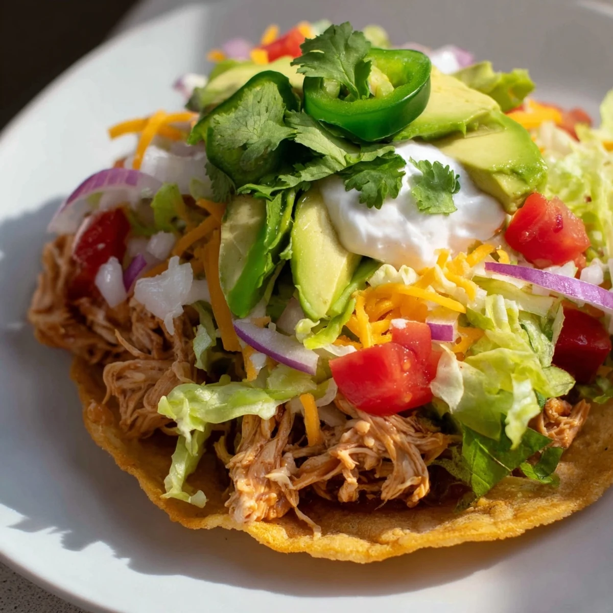 Golden crispy Chicken Tostadas topped with fresh lettuce and melted cheese  