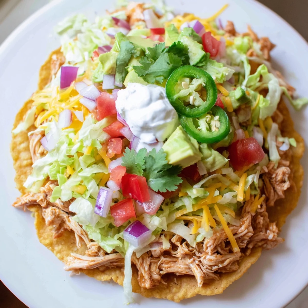Spicy seasoned Chicken Tostadas piled high with avocado and sour cream  